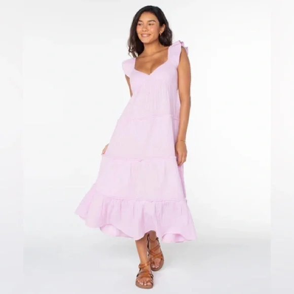 strapless open back dress Pink Floral Tiered Midi Dress M main image 0